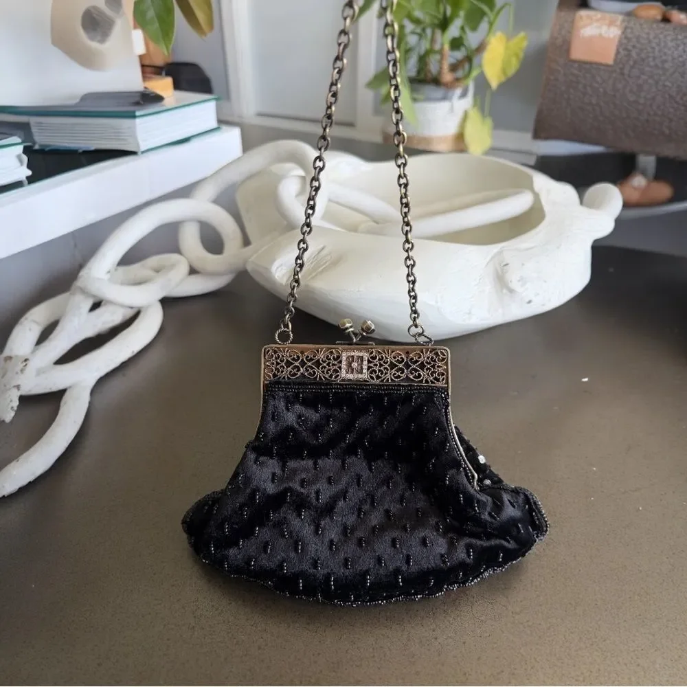 Vintage Black Beaded Evening Bag with Gold Frame Elegant.
